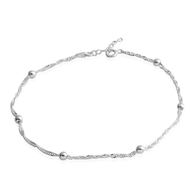 925 Sterling Silver Diamond Cut Charms Ankle Bracelet for Women Jewelry Gift