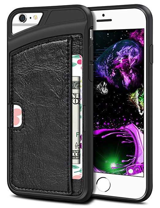 iPhone 6 Plus Case, SAMONPOW Faux Leather Ultra Slim iPhone 6 Plus Wallet Case Credit Card Holder Dual Layers Carrying Case Protective Shell for iPhone 6 Plus, iPhone 6s Plus 5.5 Inch - Black