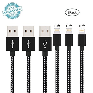 iPhone Cable - 3Pack 10FT, DANTENG Extra Long Charging Cord - Nylon Braided 8 Pin to USB Lightning Charger for iPhone 7,SE,5,5s,6,6s,6 Plus,iPad Air,Mini,iPod(Black White)