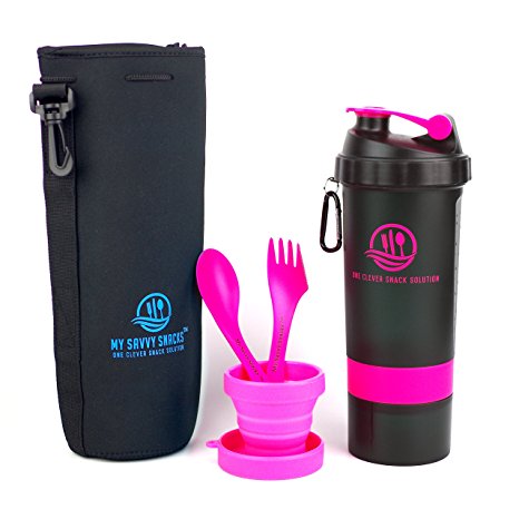 Protein Shaker Bottle 3-in-1 Snack Container by My Savvy Snacks - BPA-Free, Dishwasher Safe Shaker Bottle Snack Compartment, Neoprene Cooler Bag, 2 Sporks & Expandable Cup!!! (Green, Blue or Pink)