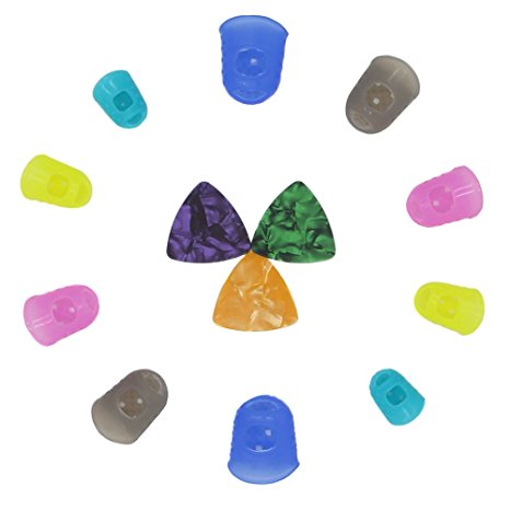 Set of 10 L/M/S/XS/XXS Size Guitar Fingertip Protectors Silicone Finger Guards for Ukulele / Electric Guitar & 3 Assorted Pearl Celluloid Guitar Picks(Color: Random) (L/M/S/XS/XXS)