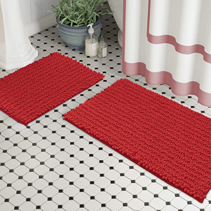Zebrux Non Slip Thick Shaggy Chenille Bathroom Rugs, Bath Mats for Bathroom Extra Soft and Absorbent - Striped Bath Rugs Set for Indoor/Kitchen (20 x 30   15 x 23'', Red)