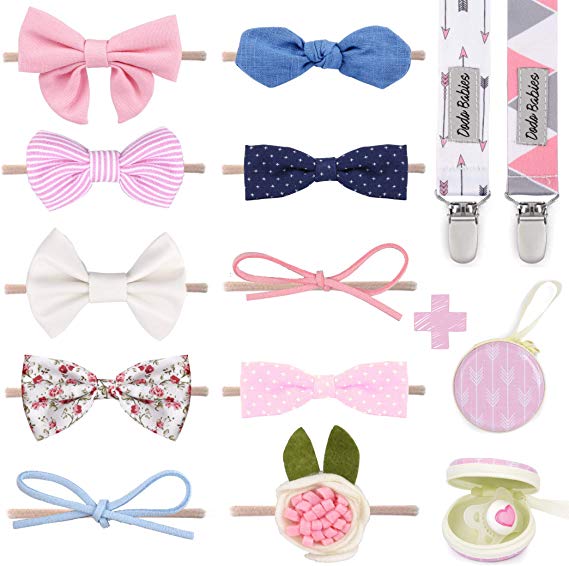 Dodo Newborn Hair Bows – Set of 10 Girl Colorful Hair Bows with Pacifier Clips and Case Excellent Baby Shower/Registry Gift