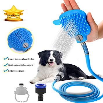 Pet Shower Sprayer Dog Bathing Tool - Shower Head & Brush in One 8.2 Ft Hose 2 Adapters, Dog Cat Horse Grooming & Massage, Dog Wash Bathtub Outdoor Use
