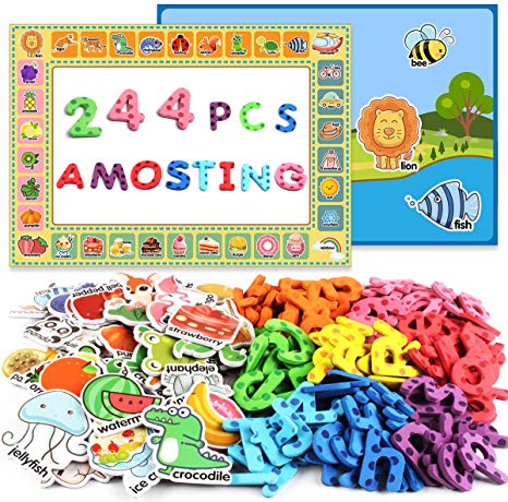 AMOSTING Alphabet Magnets Toddler Toys Educational Magnetic Letters 244Pcs Refrigerator Magnet for Preschool Learning Numbers Farm Animal Spelling ABC for Kids with Board