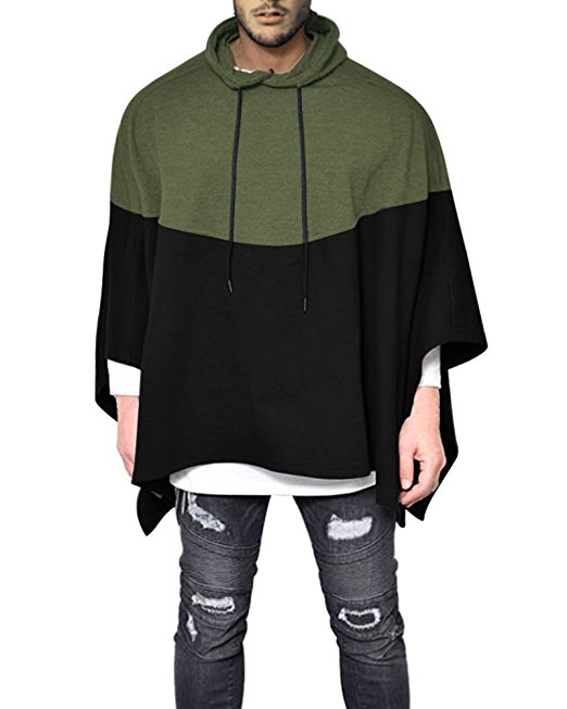 Demetory Men's Color Block Oversized Batwing Sleeves Hooded Poncho Cape