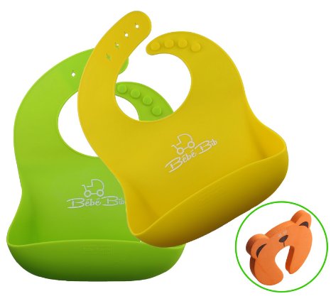 Soft Silicone Baby Bibs by Bébé Earth® - Waterproof, Holds Its Shape, Easily Rolls Up | GREEN & YELLOW With Bonus | WIDE Food Catcher Pocket | Simple Wipe Clean & Dries Fast | FREE Door Stopper