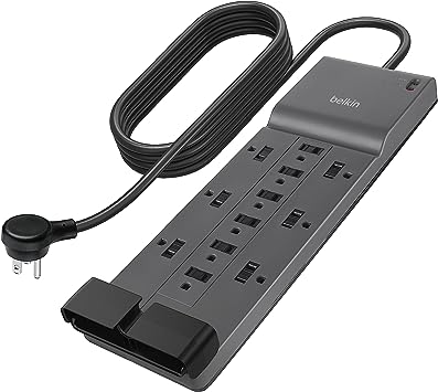 Belkin 12-Outlet Surge Protector w/ 12 AC Outlets & 2.4M Long Flat Plug Heavy-Duty Extension Cord for Home, Office, Travel, Computer Desktop, Laptop & Phone Charging Brick - 3,940 Joules of Protection