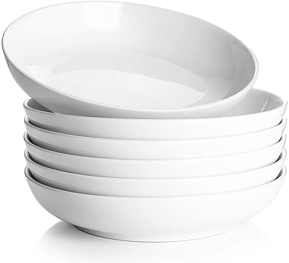 DOWAN Pasta Bowls 30oz, Large Salad Serving Bowls, White Pasta Bowl Set of 6, Ceramic Soup Bowls, Wide & Shallow, Microwave & Dishwasher Safe