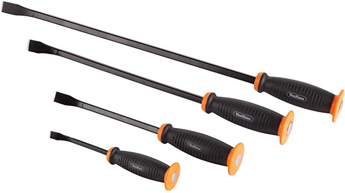 VonHaus 4pc Pry Bar Tool Set with Striking Caps, Molded Handles and Angled Tips - 4 Piece 8" 12" 18" 24" Inches