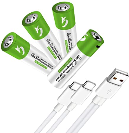 Rechargeable AA Batteries 1.5V 2600mWh USB Lithium ion Rechargeable AA Battery with USB Type C Charging Cable, High Capacity Fast Charge, 1200 Cycles Constant Output, Over-Charge Protection,4-Pack