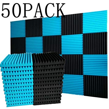 50 Pack black&blue Acoustic Panels Studio Foam Wedges 1" X 12" X 12" Sound-proofing,Sound Absorption (50pcs, Black&Blue)