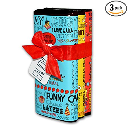 Seattle Chocolate Candy Bars Gift Set- All Natural, Non GMO, Gluten Free, Kosher Certified- 2.5 Ounce Dark & White Milk Chocolate Truffle Bars - Fun Doodles & Festive Phrases Wrapping- Pack Of 3