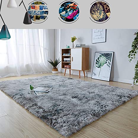 Leesentec Super Soft Indoor Modern Shag Area Silky Smooth Fur Rugs Fluffy Rugs Anti-Skid Shaggy Area Rug Dining Room Home Bedroom Carpet Floor (Gray White, About 5.3×6.5 feet（160×200cm）)