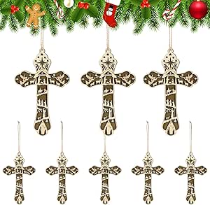 8 Pcs Christmas Nativity Scene Ornament 3D Christian Wooden Hanging Ornament Multilayer Christmas Religious Gifts Hanging Jesus Ornament Nativity Christmas Decorations for Xmas Tree (Cross)