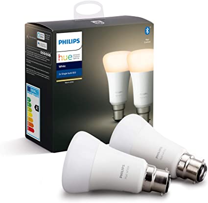 Philips Hue White Smart Bulb Twin Pack LED [B22 Bayonet Cap] with Bluetooth, Works with Alexa and Google Assistant