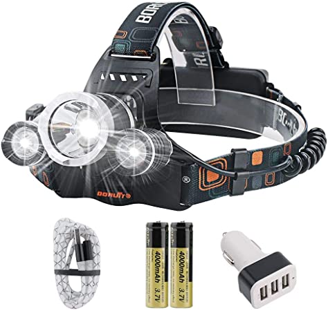 Rechargeable flashlight led headlamp, Boruit RJ-3000 headlamp 4 modes 5000 high lumens water resist Led headlight for camping hiking