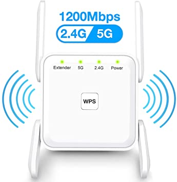 WiFi Range Extender, Carantee 1200Mbps Wireless Signal Repeater Booster, Dual Band 2.4G and 5G Expander, 4 Antennas 360° Full Coverage, Extend WiFi Signal to Smart Home & Alexa Devices
