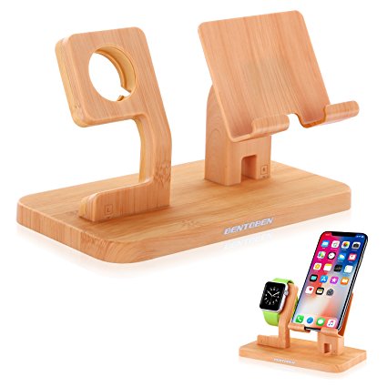 Apple Watch Stand, Cell Phone Stand, iPhone 6 7 8 X Stand, BENTOBEN Wooden Pattern NightStand Mode iWatch Stand iPhone Dock iPad Mini Charging Station for iWatch Series 3 2 1 38mm 42mm