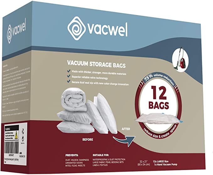 Vacwel Vacuum Storage Bags for Clothes, XXL, Jumbo, Large & Small Space Saver Bag Sizes (12 Large Size Bags Pack)