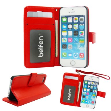 iPhone 5S CaseBelfenPremium Pu Leather iPhone 5S Case Wallet Stand Feature with Card Slots ID Window Inner PocketWrist Strap - Flip Cover Folio Wallet Case for iPhone 5  iPhone 5S -Red