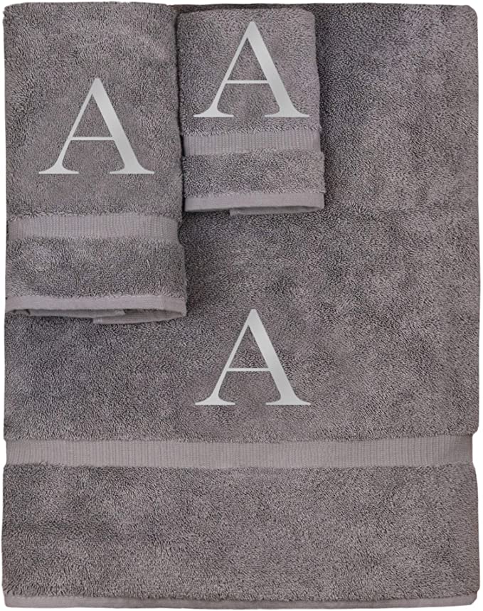 Monogrammed Towel Set, Personalized Gift, Set of 3- Silver Block Letter Embroidered Towel - Extra Absorbent 100% Turkish Cotton - Soft Terry Finish - Initial A Gray
