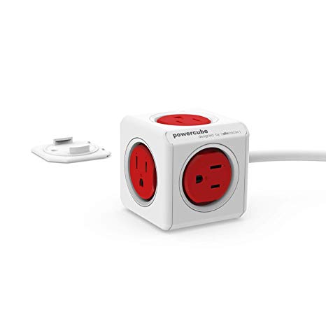 Allocacoc, PowerCube |Extended|, 5 outlets, 5 feet cable, Mounting dock, Surge Protection, Childproof Sockets, ETL Certified (Red)