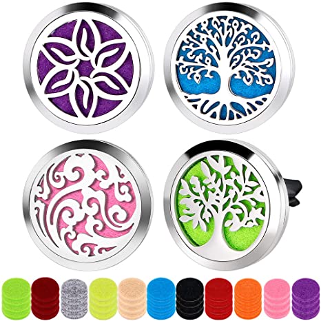 4 PCS Car Essential Oil Diffuser Vent Clip Stainless Steel Car Aromatherapy Diffuser Air Freshener Locket with 44 Refill Pads for Car Office Living Room