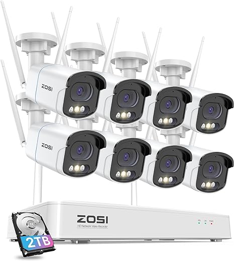 ZOSI 4MP QHD 2.5K WiFi Security Camera System Outdoor, 8 Channel H.265  NVR with 2TB HDD for 24/7 Record, 8 X 4MP Wireless Camera, Color Night Vision, Plug-in, AI Detection, 2-Way Audio, Siren Alert