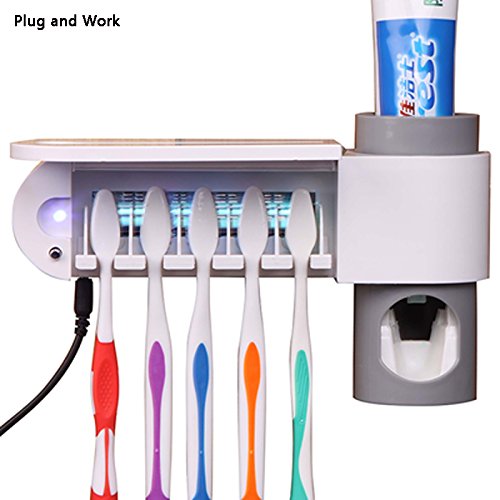 WAYCOM Toothpaste Squeezer and Holder Set Toothpaste Dispenser Family Toothbrush Sanitizer Sterilizer,5 Brush Holder (White)