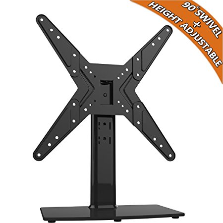 Universal Swivel TV Stand/ Base Table Top TV Stand for 21 to 47 inch TVs with 90 Degree Swivel, 4 Level Height Adjustable, Heavy Duty Tempered Glass Base, Holds up to 99lbs, HT02B-002