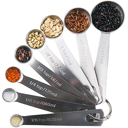 EVOIO 18/8 Stainless Steel Metal Measuring Spoons- With 1/8, 1/3 and 1/16 Teaspoon, 1/2 Tablespoon - Metric and US Measurements - The Complete Set for Dry or Liquid （Set of 8）