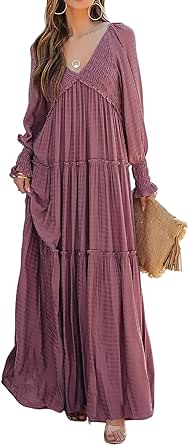 R.Vivimos Maxi Dress for Women Long Sleeve V Neck Empire Waist Layered Ruffle Boho Casual Flowy Long Dresses