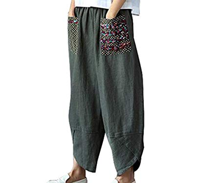 Helisopus Womens Baggy Casual Trousers Cotton Linen Loose Harlan Pants Elastic Waist