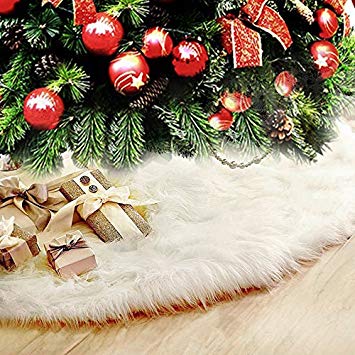 Faux Fur Christmas Tree Skirt with Round Trim Snow White Christmas Decorations Xmas Holiday Tree Skirts (122CM)