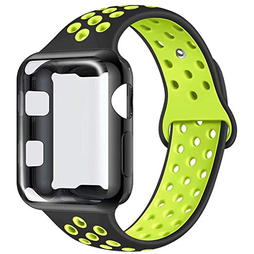 ADWLOF Compatible with Apple Watch Band with Case 38mm 40mm 42mm 44mm, Silicone Replacement Strap with Screen Protector Cover for Wristband for iWatch Series 4/3/2/1, Nike , Sport, Edition,S/M,M/L
