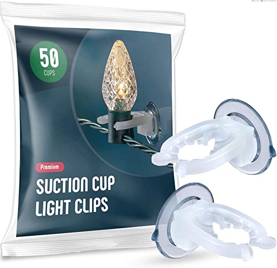Christmas Light Suction Cups [Set of 50] All-Purpose Suction Cup Hooks For Christmas Lights, Light Clip Fits Mini, C5, C9, Lights. Christmas Light Suction Cup Clips. No Tools Required. Made in the USA
