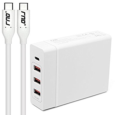 RND 72W Smart Travel Charger with One Type-C (USB-C PD) Port and Three USB Ports (1M USB-C cable included) for Apple MacBook, Google Pixel, Samsung (Galaxy, Note), Dell XPS and all Type C devices