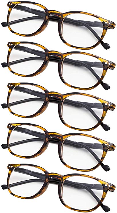 5-Pack Retro Reading Glasses with Spring Hinges Includes Sunshine Readers