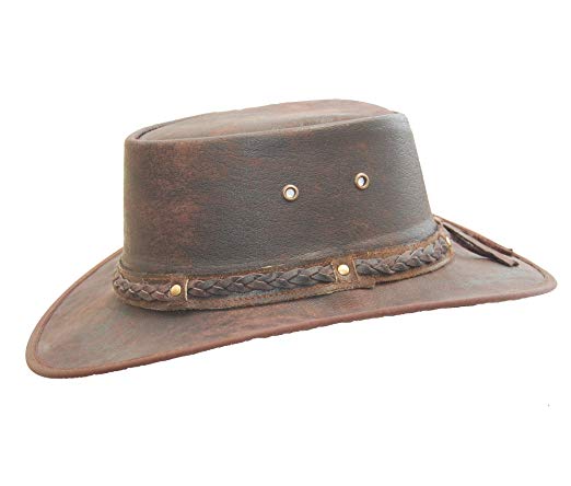 Real Leather Foldaway Crushable Australian-Style Bush Hat Brown