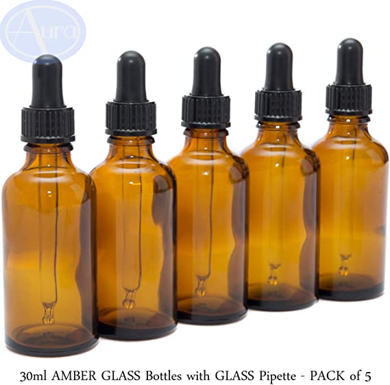 Aura 30ml Amber Glass Bottles with Glass Pipettes - Pack of 5