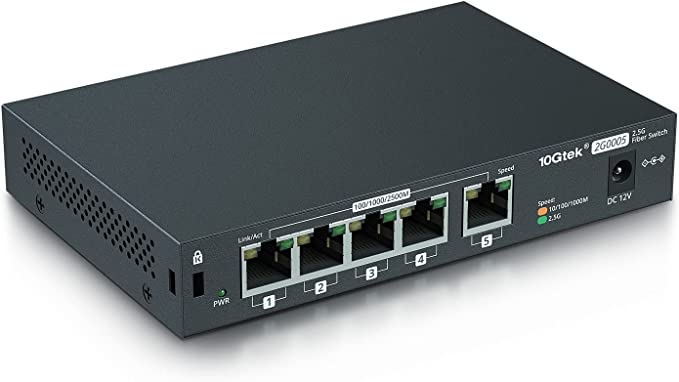 10Gtek 5 Port 2.5G Ethernet Switch, 5 x 2.5GBASE-T Ports, Backwards Compatible with 10/100/1000Mbps, Plug & Play | Desktop/Wall-Mount | Fanless Metal Design 2.5G Ethernet Network Switch