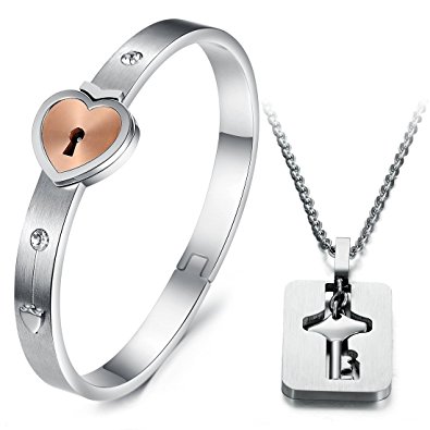 His and Hers Matching Set Couple Titanium "Only You Have My Key" Bangle Bracelet Simple Korean Style in a Gift Box