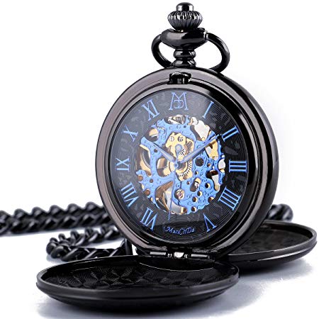 ManChDa Retro Mens Black Blue Double Open Skeleton Mechanical Roman Numerals Pocket Watch With Chain Gift
