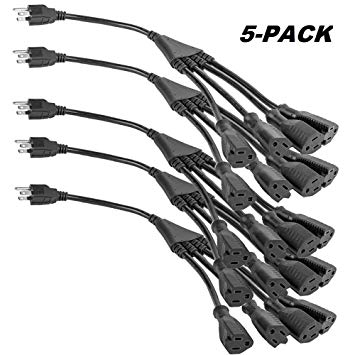 4 Way Power Splitter – 1 to 4 Cable Strip with 3 Pronged Outlet and 3" to 12" Foot Y Style Extension Cord – Black - SJT 16 AWG – by Luxury Office (5 Pack, 1.5' Extension Cord)