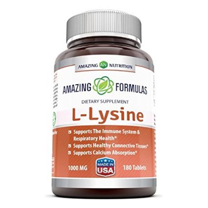 Amazing Nutrition Amazing Formulas L-Lysine - 1000mg Amino Acid Vitamin Tablets - Commonly Used For Cold Sores Shingles Immune Support Respiratory Health and More - 180 Vegetarian Tablets Per Bottle