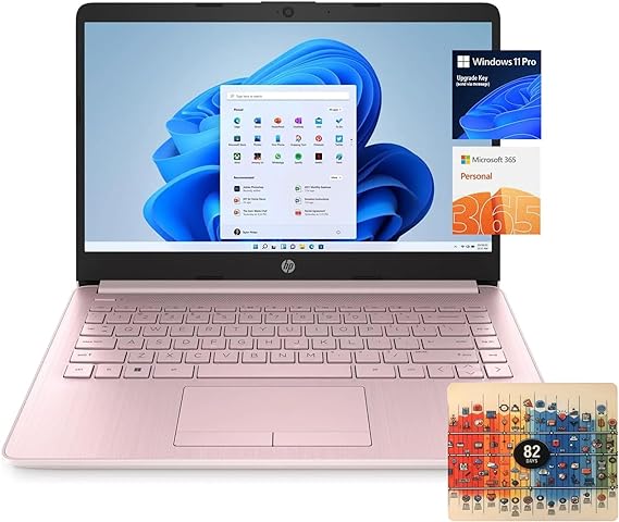 HP 14 inch Laptop for Student and Business, Intel Quad-Core Processor, 16GB RAM, 320GB Storage (64GB eMMC   256GB Card or FlashDrive), One Year Office 365, Wi-Fi, Windows 11 Pro, Pink