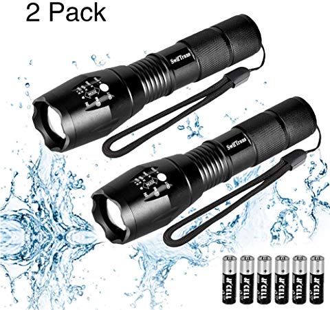 Swiftrans Handheld Flashlight 2Pack, LED Flashlight with Adjustable Focus and 5 Light Modes Ultra Bright, Water-Proof for Outdoors, with 6 AAA Batteries (black)