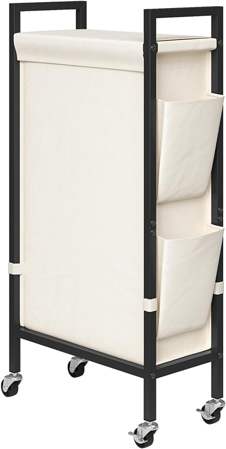 ELYKEN Slim Laundry Hamper with Lid and 2 Side Pockets, 54L Rolling Laundry Basket on Wheels, 7.9” Narrow Dirty Cloth Cart with Removable Inner Bag for Small Bathroom, Bedroom, Creamy