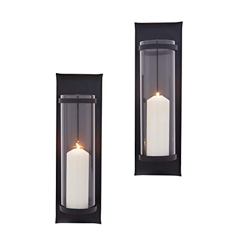 Danya B Metal Pillar Candle Sconces with Glass Inserts - A Wrought Iron Rectangle Wall Accent (Set of 2), Black